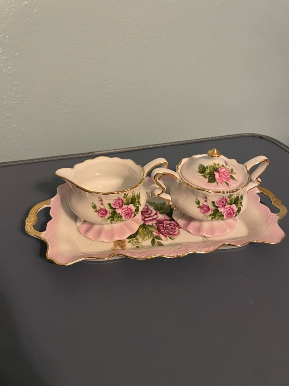 Pink Floral Porcelain Creamer and Sugar Set with Tray